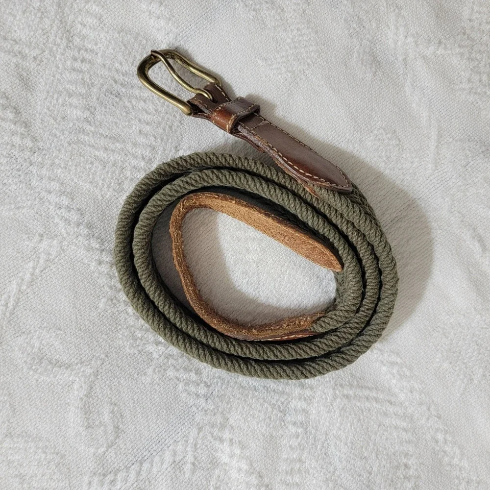 VTG L.L. Bean Braided Cotton Webbing Leather Belt Olive Green 36 SEE MEASUREMENT